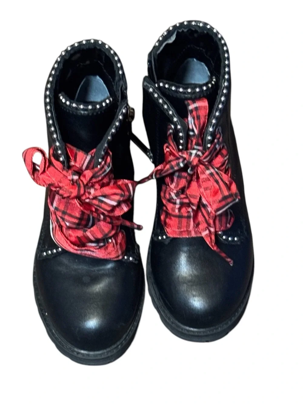 kidpik Black Studded Combat Boots with Red Plaid Ribbon Laces Size 12